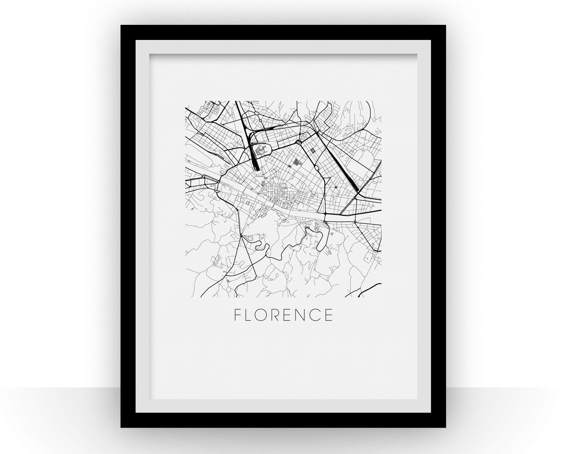 Affiche cartographique de Florence Style Noir et Blanc