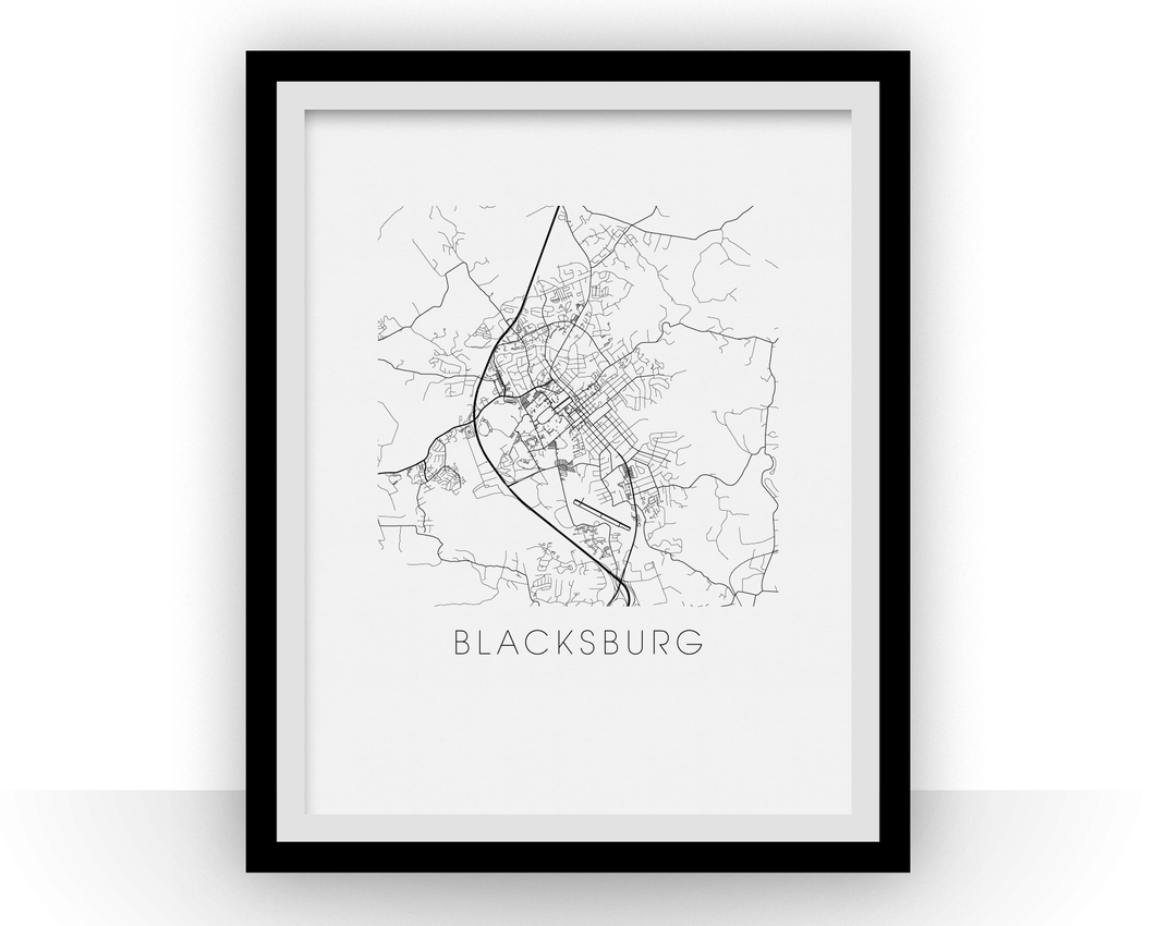 Blacksburg Map Black and White Print - virginia Black and White Map Print
