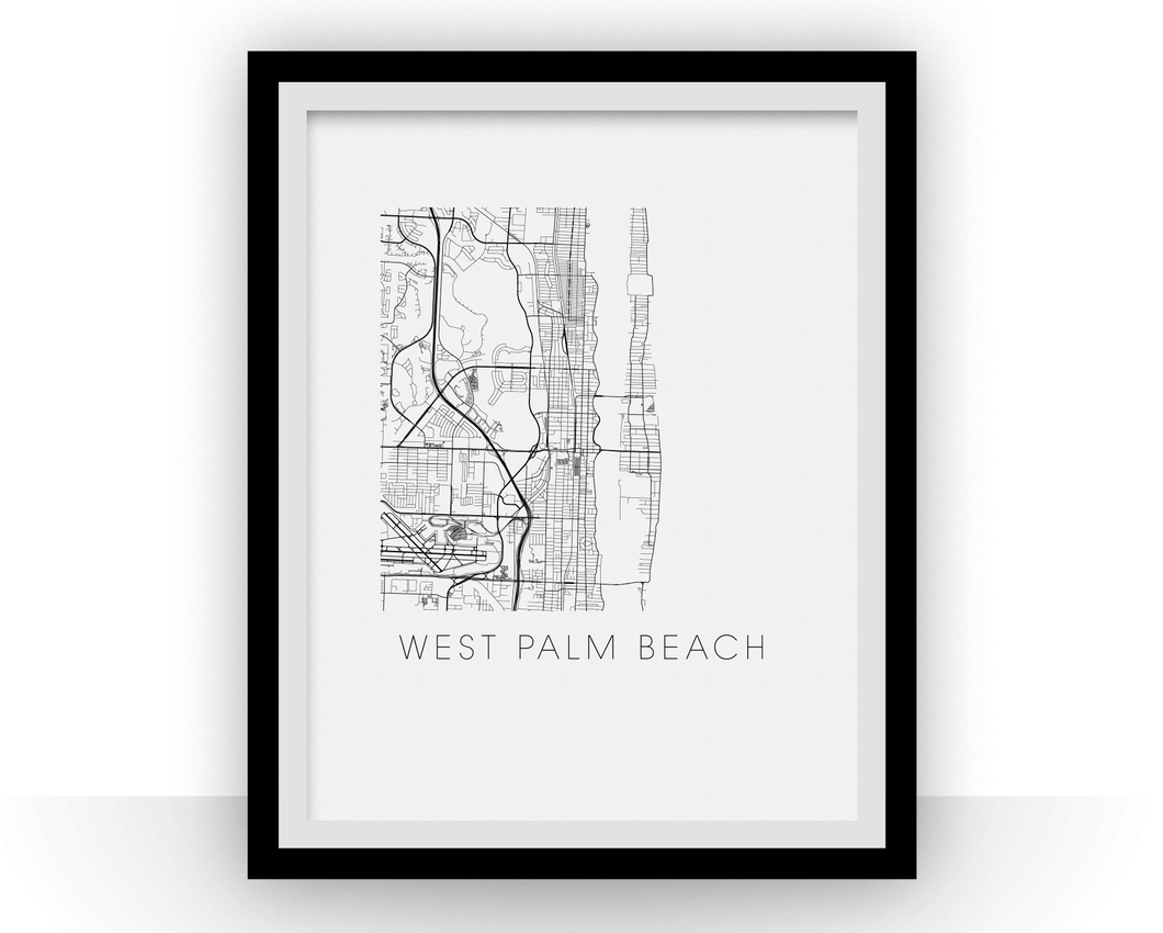 West Palm Beach Map Black and White Print - florida Black and White Map Print