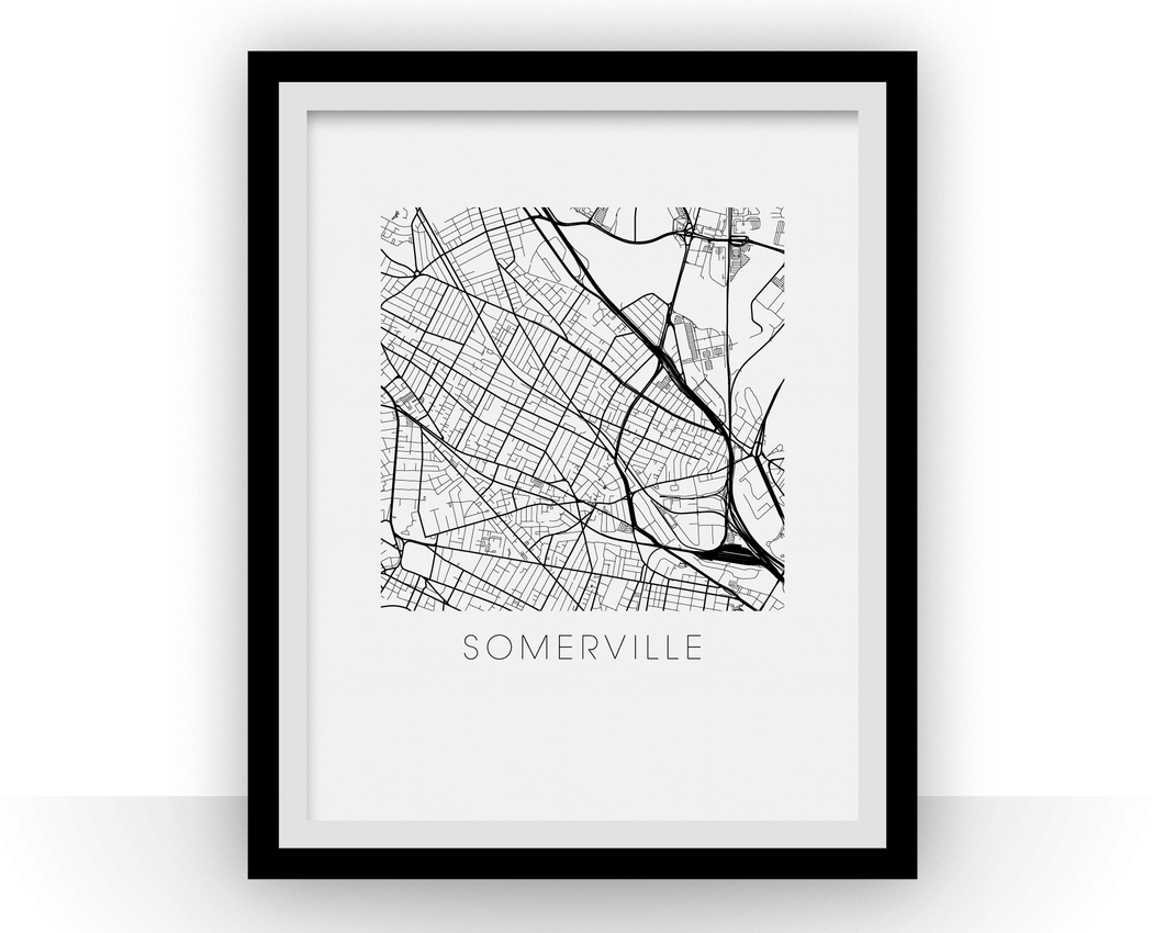 Somerville Map Black and White Print - massachusetts Black and White Map Print