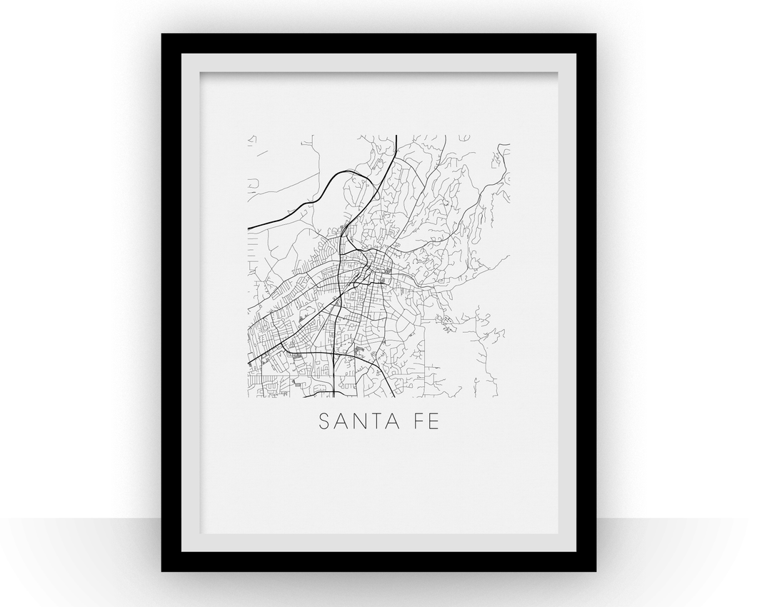 Santa Fe Map Black and White Print - new mexico Black and White Map Print