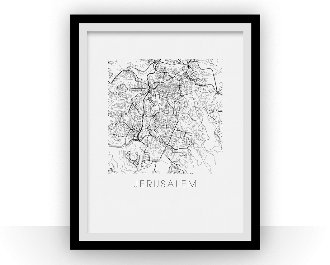 Jerusalem Map Black and White Print - israel Black and White Map Print