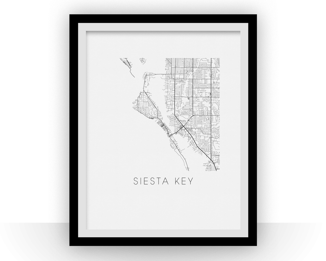 Siesta Key Map Black and White Print - florida Black and White Map Print