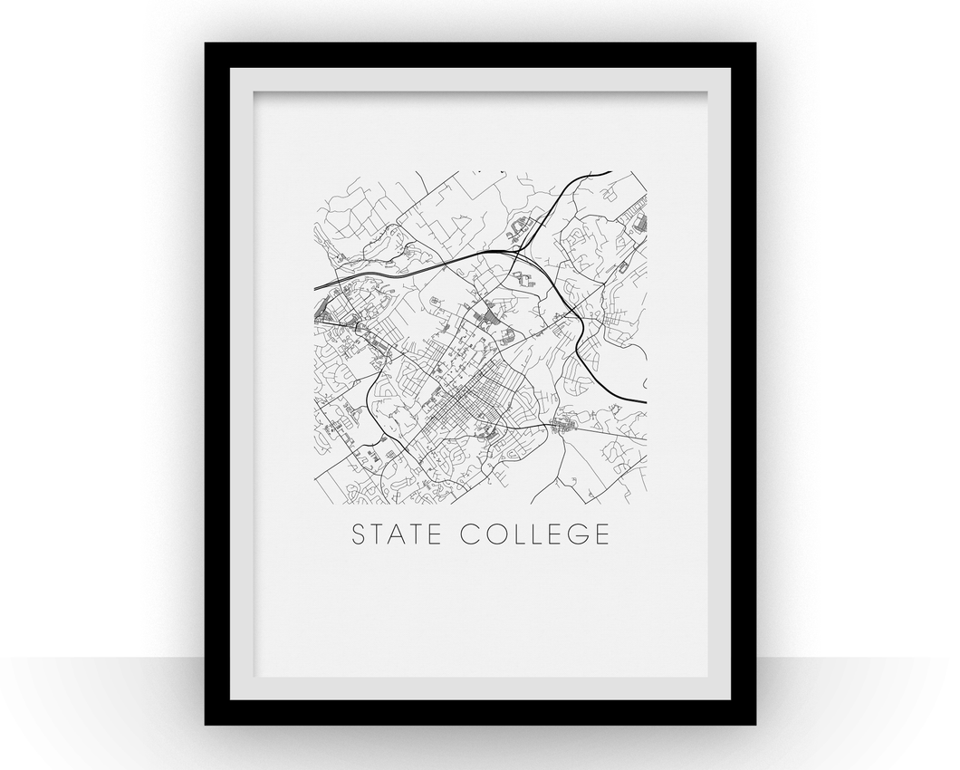 State College Map Black and White Print - pennsylvania Black and White Map Print