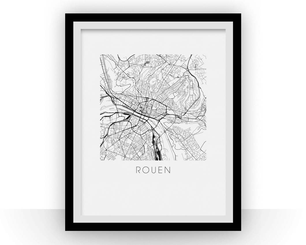 Rouen Map Black and White Print - france Black and White Map Print