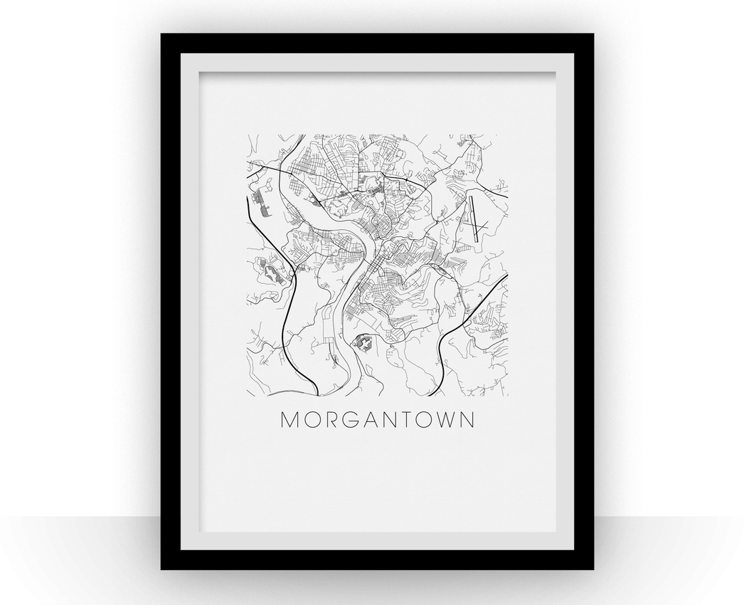 Morgantown Map Black and White Print - west virginia Black and White Map Print