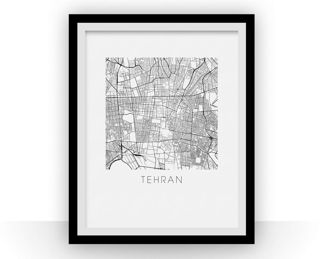 Tehran Map Black and White Print - iran Black and White Map Print