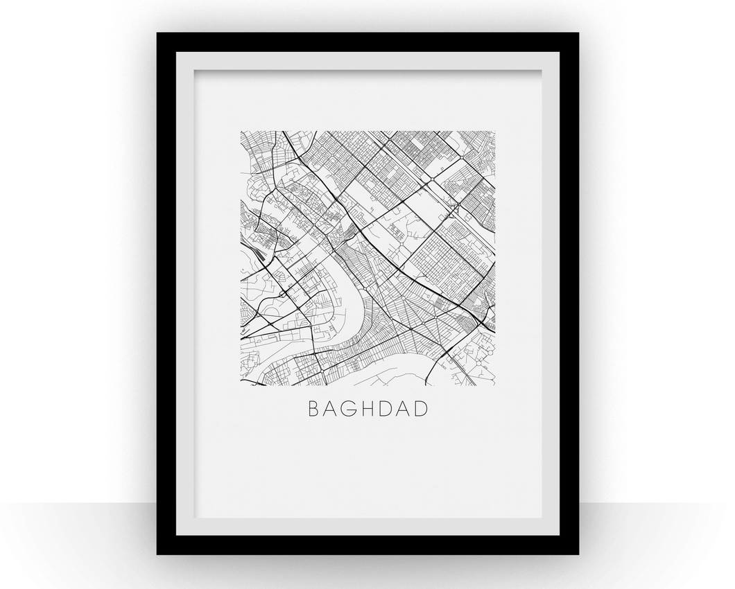 Baghdad Map Black and White Print - iraq Black and White Map Print