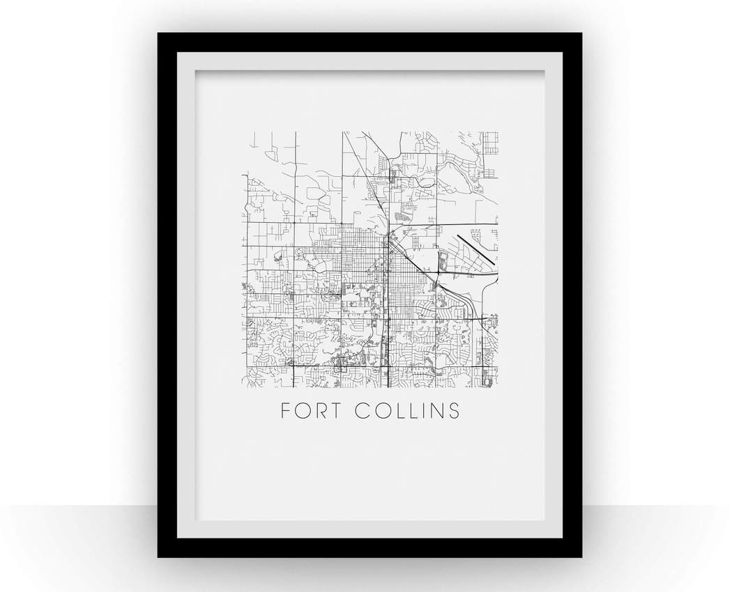 Fort Collins Map Black and White Print - Colorado Black and White Map Print