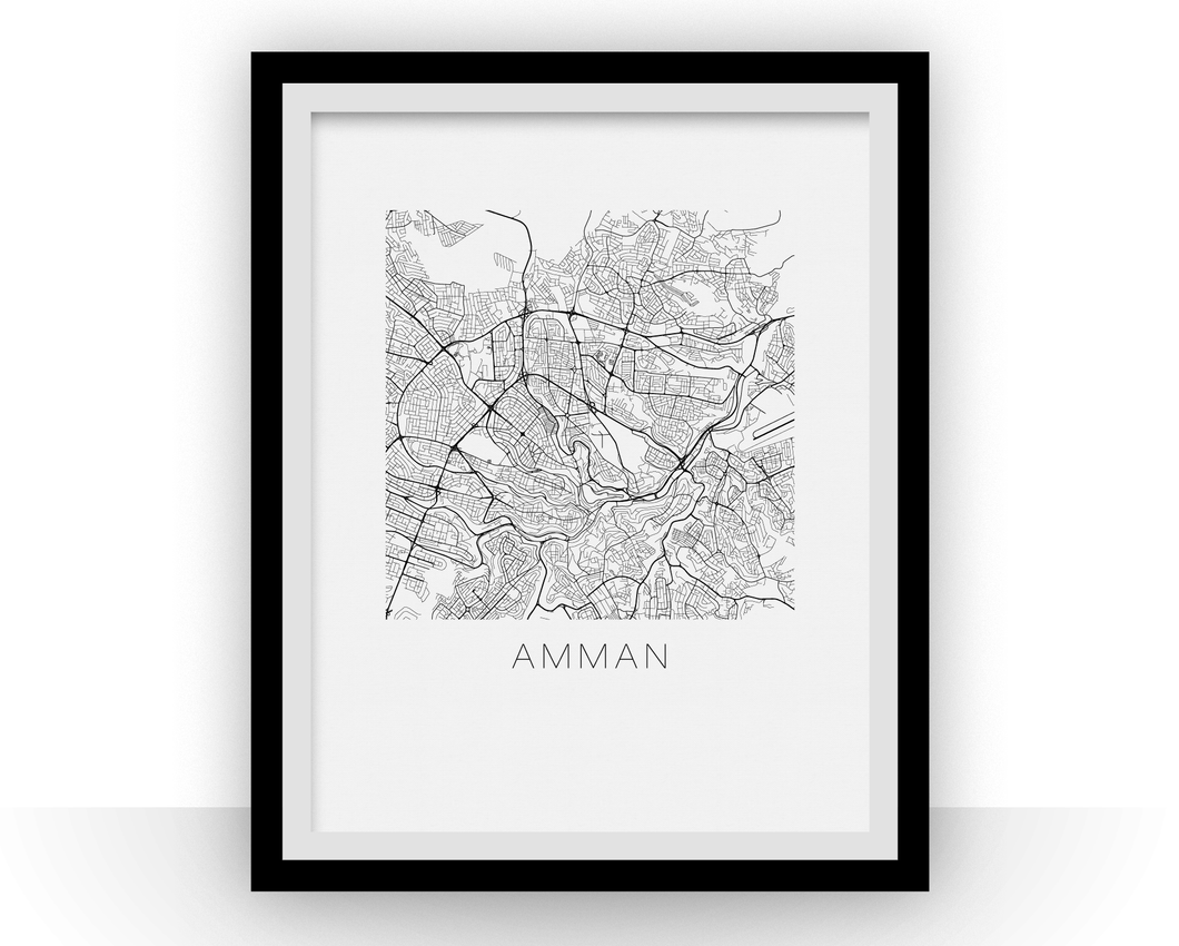 Amman Map Black and White Print - jordan Black and White Map Print