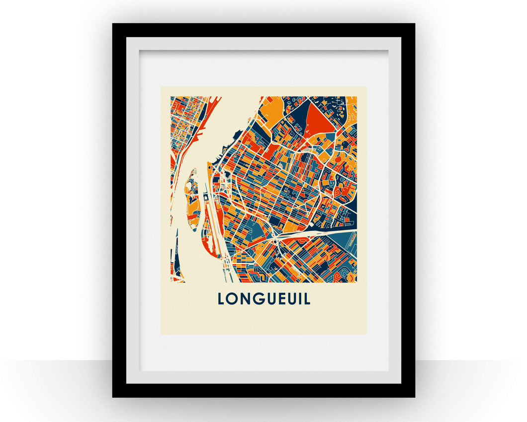 Affiche cartographique de Longueuil Quebec - Style Chroma